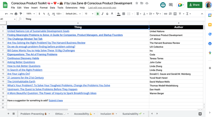 Screenshot of The Conscious Product Toolkit - spreadsheet in excel