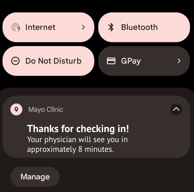 Mock screenshot of a notification on an Android phone reading, "Thanks for checking in! Your physician will see you in approximately 8 minutes."