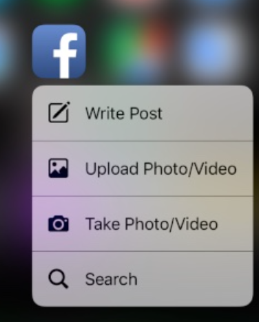 Screenshot of Facebook app icon with 4 dropdown options: Write post, upload photo/video, take photo/video, search.