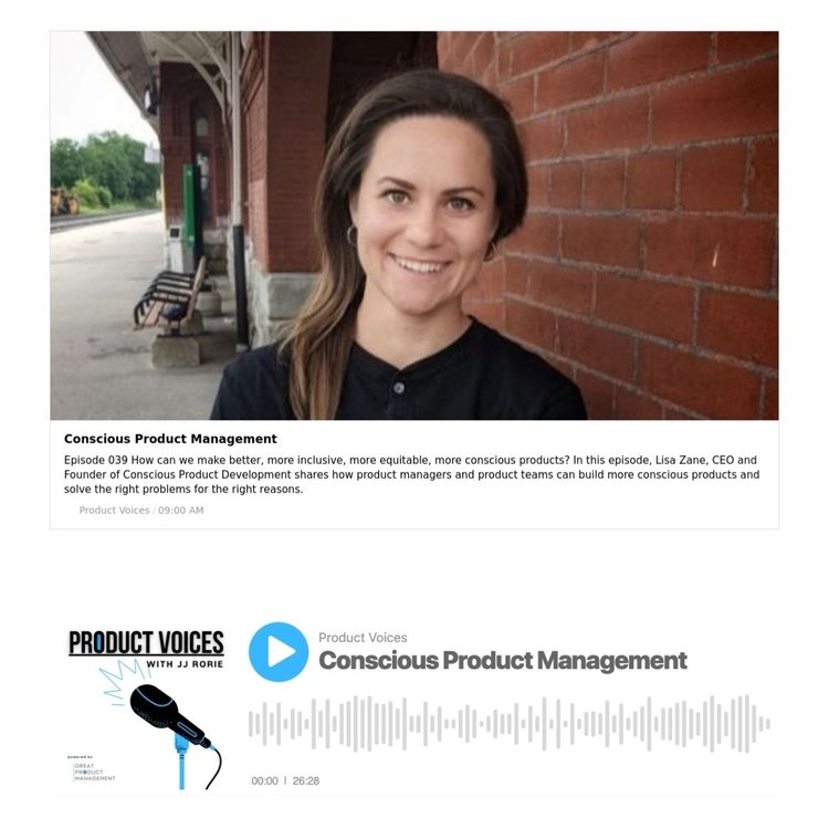 Screenshot of Product Voices Podcast Episode Episode 039: How can we make better, more inclusive, more equitable, more conscious products? with a photo of Lisa Zane with long brown hair and olive skin and a black shirt at a train station.