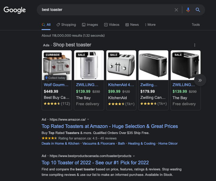 Google search for "Best Toaster" only showing initial results which are all ads. 