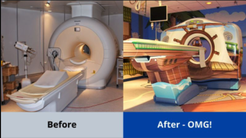 Regular MRI machine in BEFORE image on the left, and updated MRI machine designed to look like a pirate ship in AFTER image on the right.