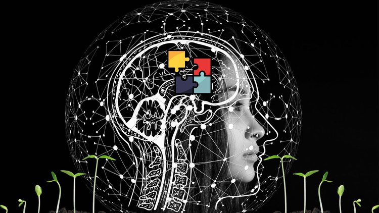 Profile view of a woman with an illustration of a brain transposed with yellow, red, navy blue and teal puzzle pieces inside. Small, green plants are sprouting to her left and right.