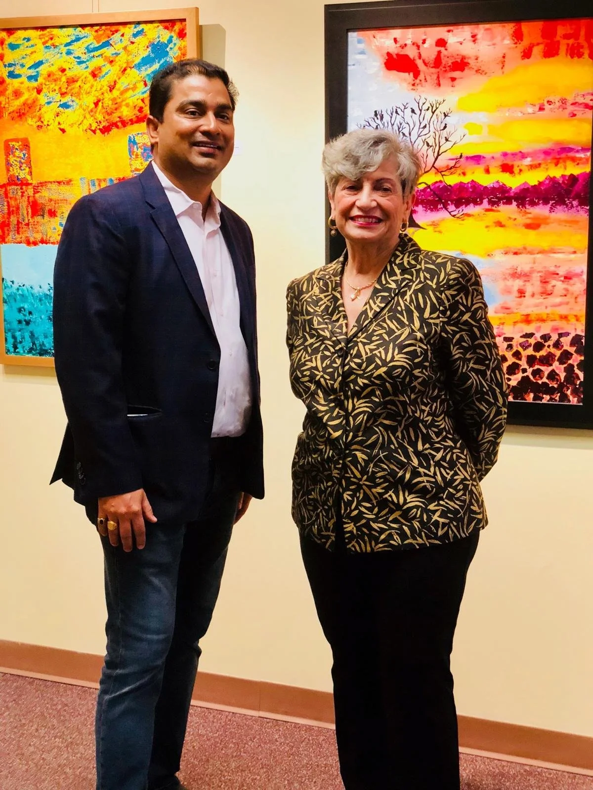 Vikash Jha with Gloria Dittman, President of Edison Arts Society, EAS Gallery solo show, Edison NJ, Nov–Dec 2018