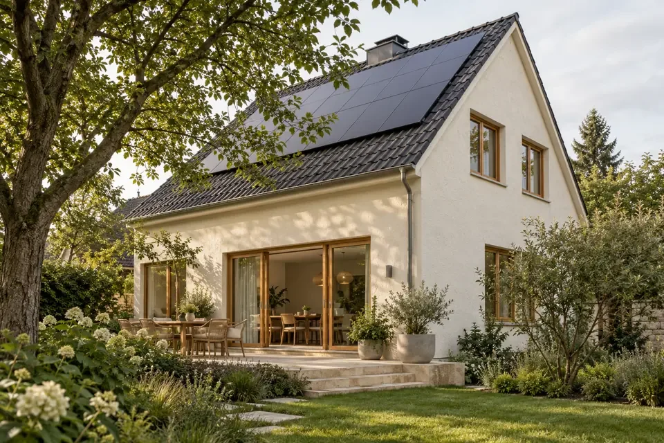 KI-Symbolbild eines erfundenen sanierten Wohnhauses mit Solardach
