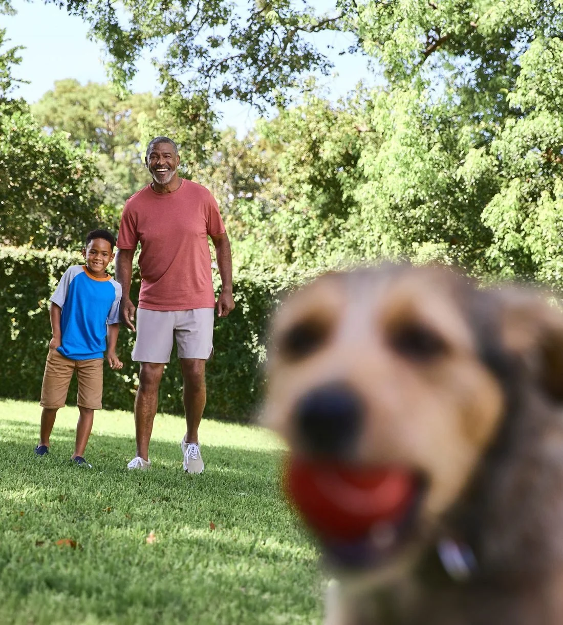 A man and a boy laugh in a backyard as a dog with a ball in its mouth rushes the camera.