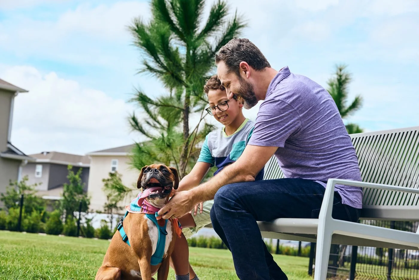 A father and son pet a boxer on a bench at the neighborhood dog park.