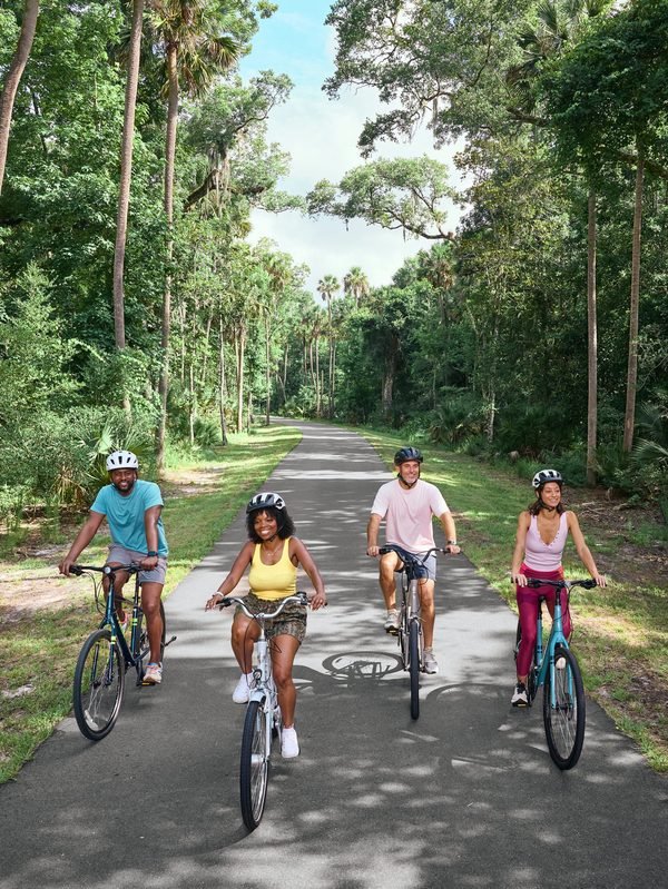 Four friends ride bikes down a shaded park path.