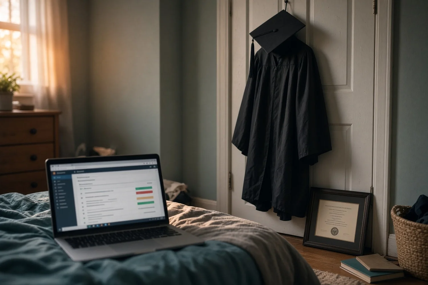 Unemployed a year after college graduation: cap and gown on a closet door, job listings open on a laptop