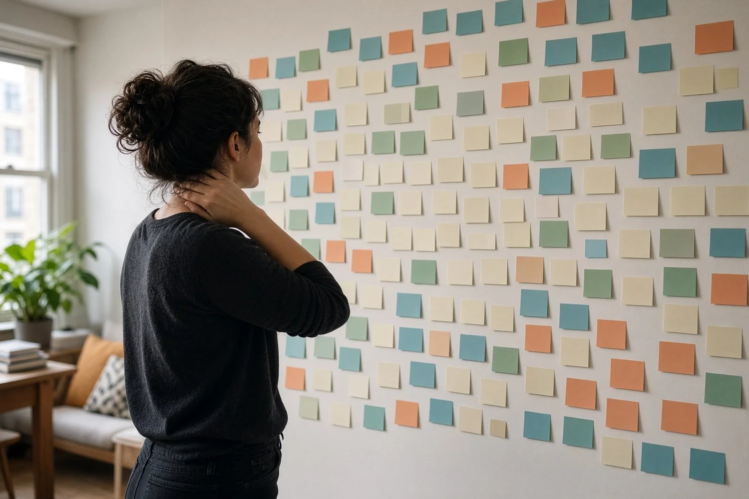 A woman stands facing a wall covered in sticky notes, hand on her neck, weighing too many options