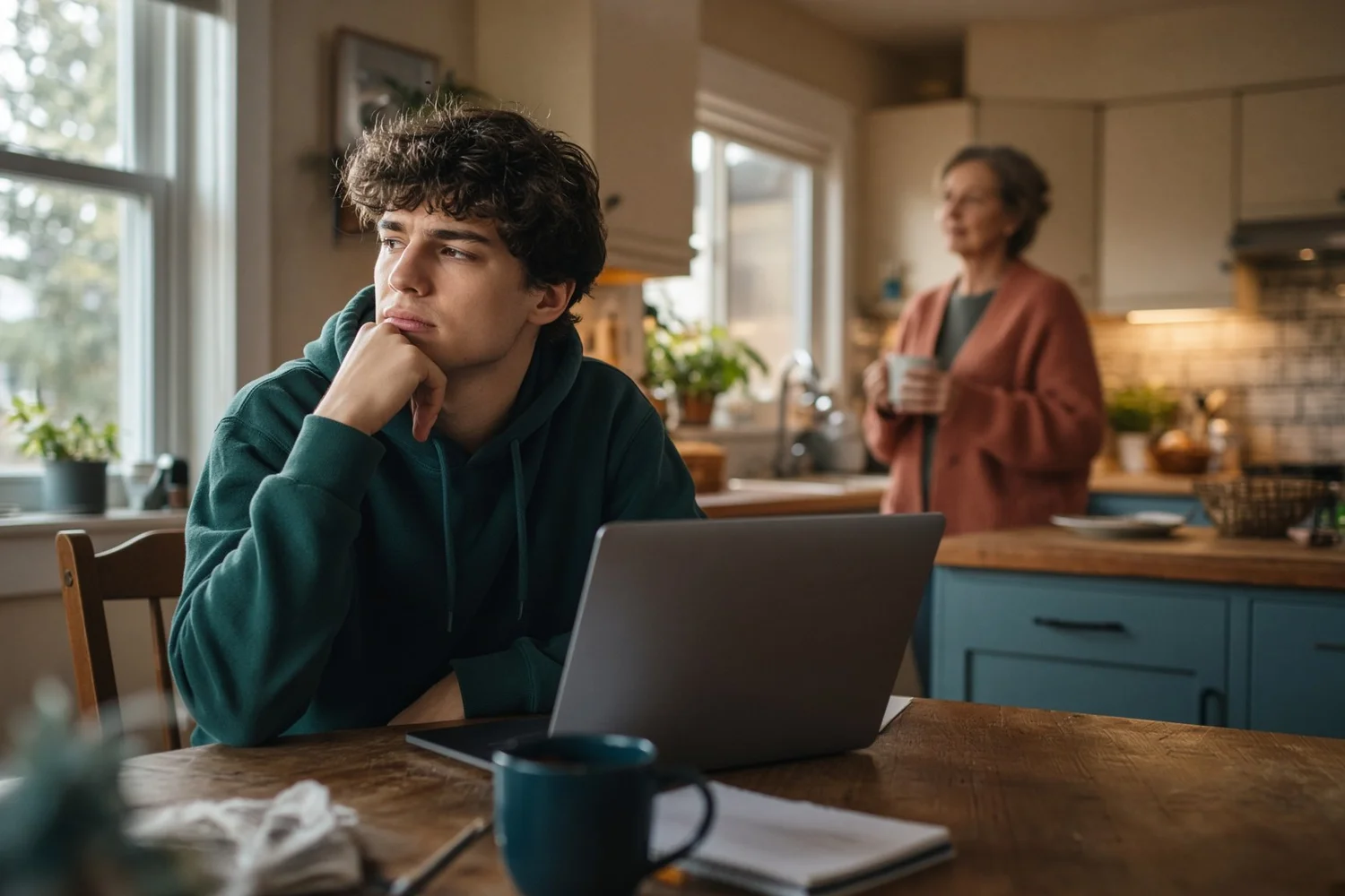 A young man sits at the kitchen table with his laptop, thinking, while his mother stands in the background