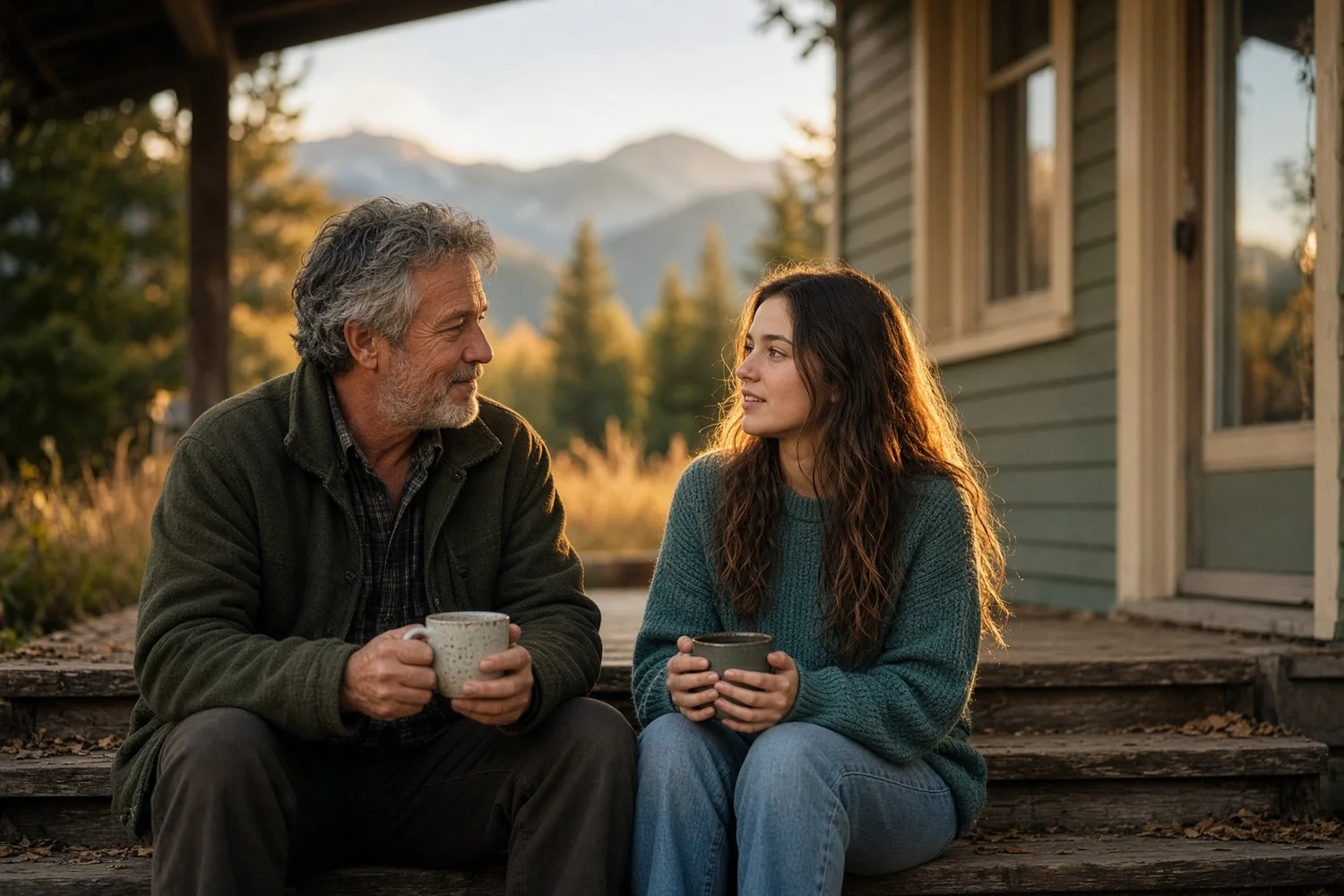 A father and his adult daughter talk calmly over coffee on the back porch steps