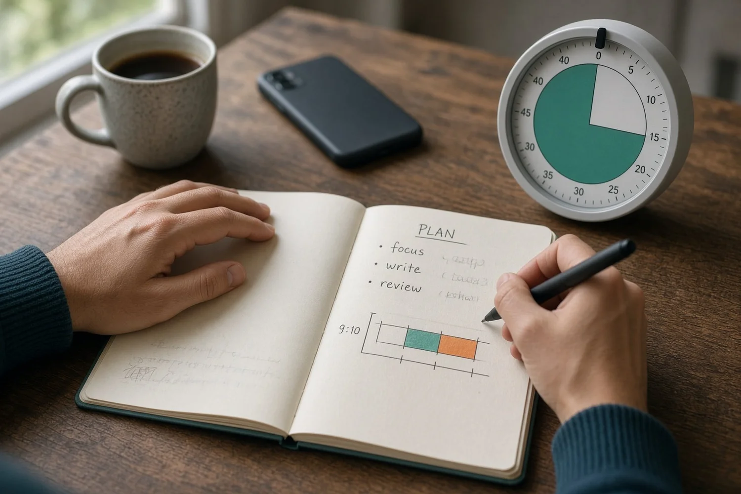 Hands writing a simple plan in a notebook next to a visual countdown timer