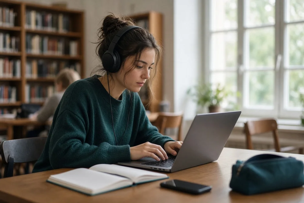 Young adult with headphones focusing on her laptop and planner at a library table