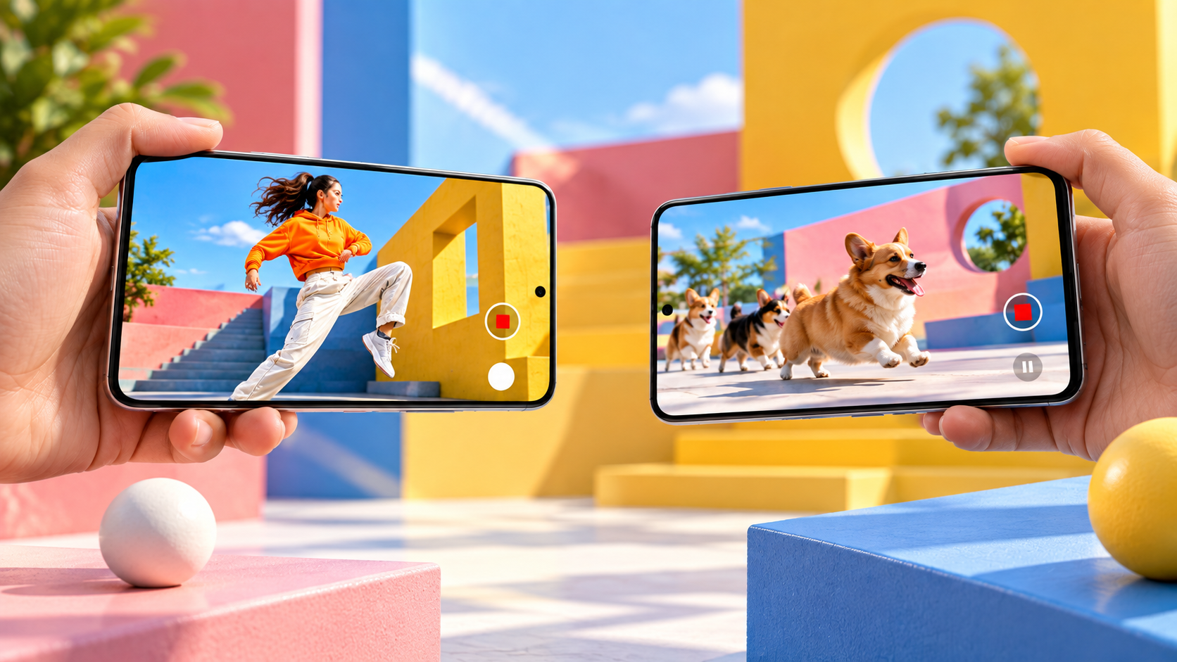 Due smartphone Galaxy riprendono soggetti in movimento, illustrazione editoriale