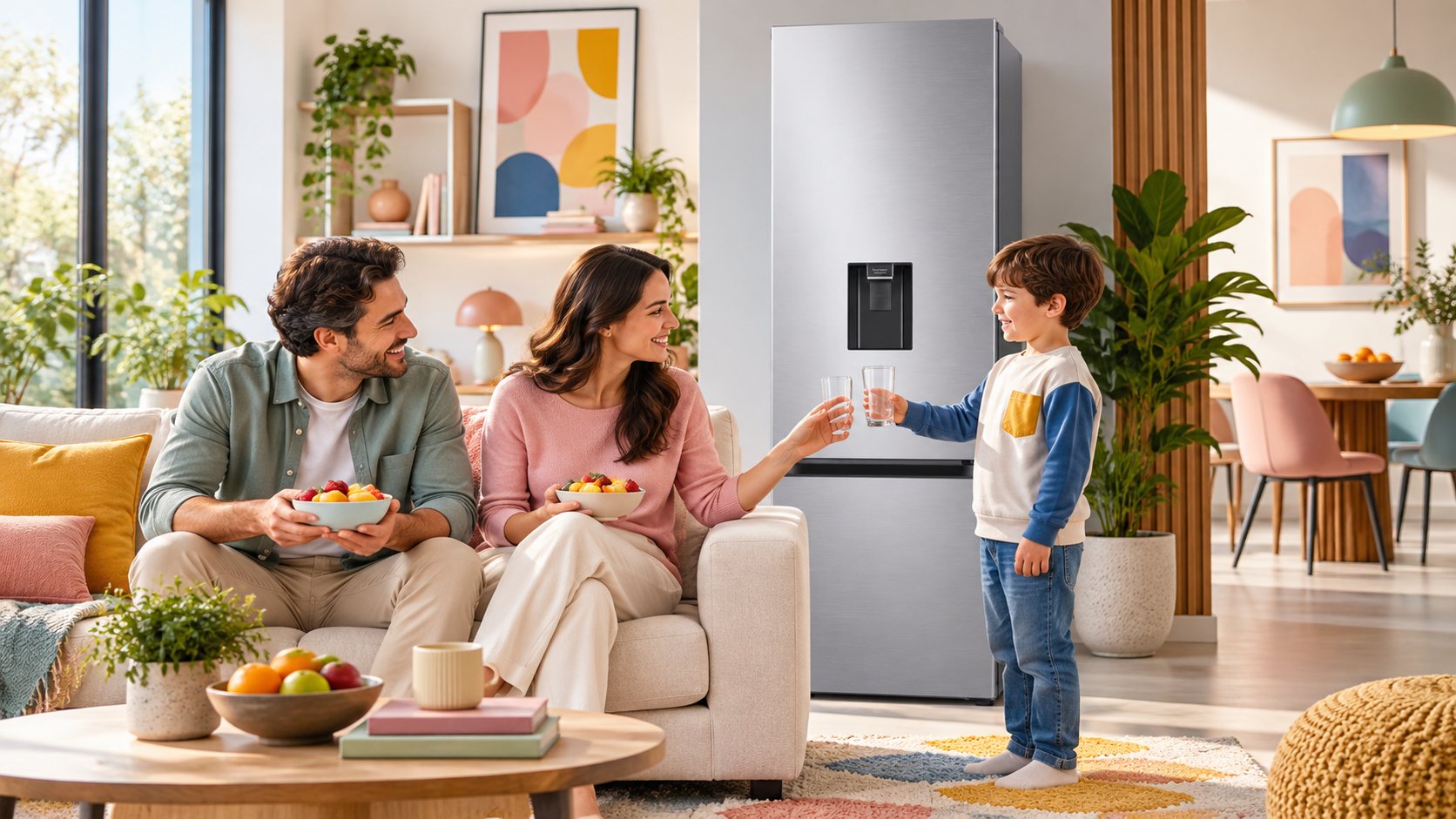 Samsung EcoFlex AI in una cucina aperta sul soggiorno con una famiglia