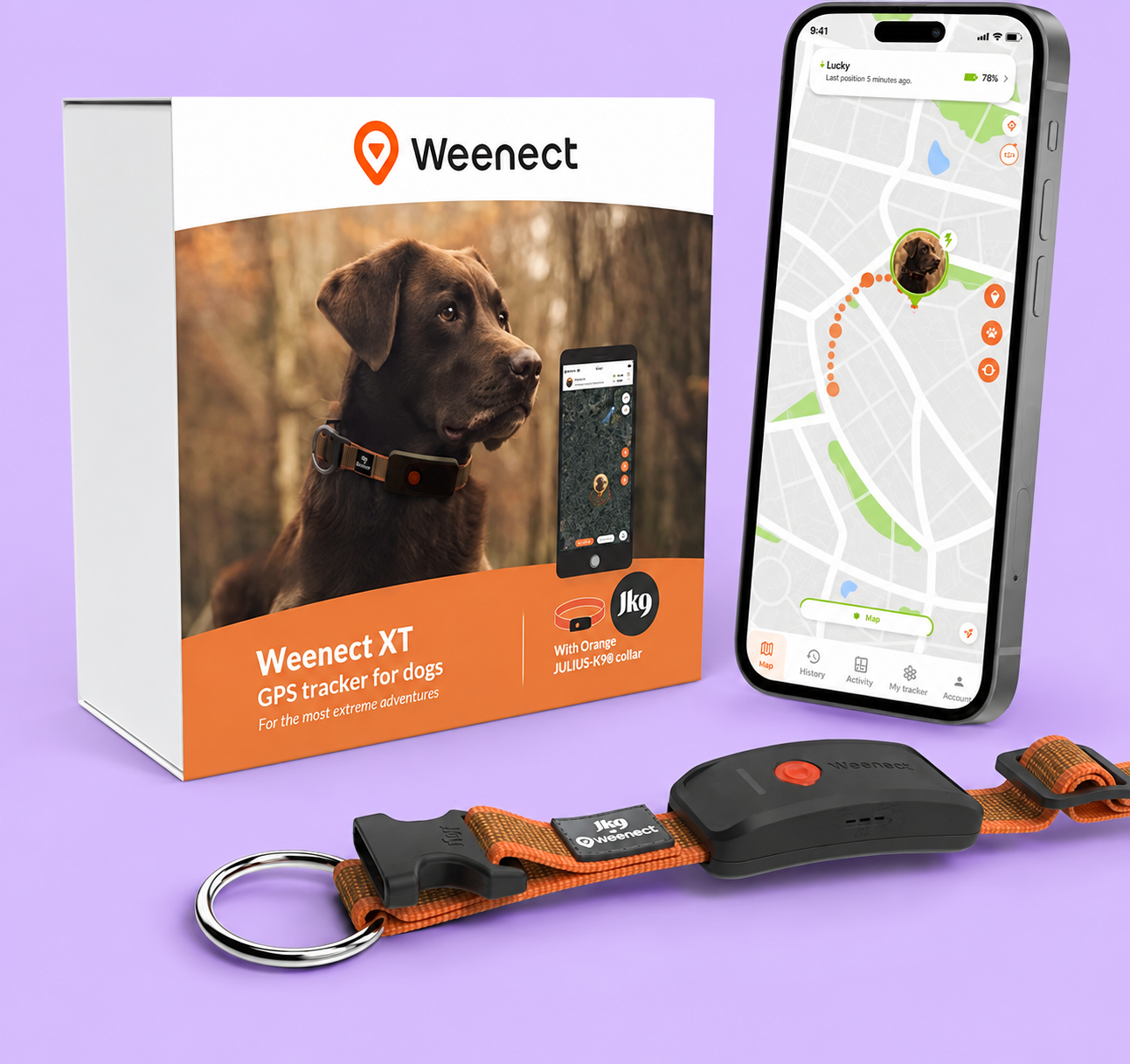 Weenect Dog XT nella variante arancione per le uscite all’aperto