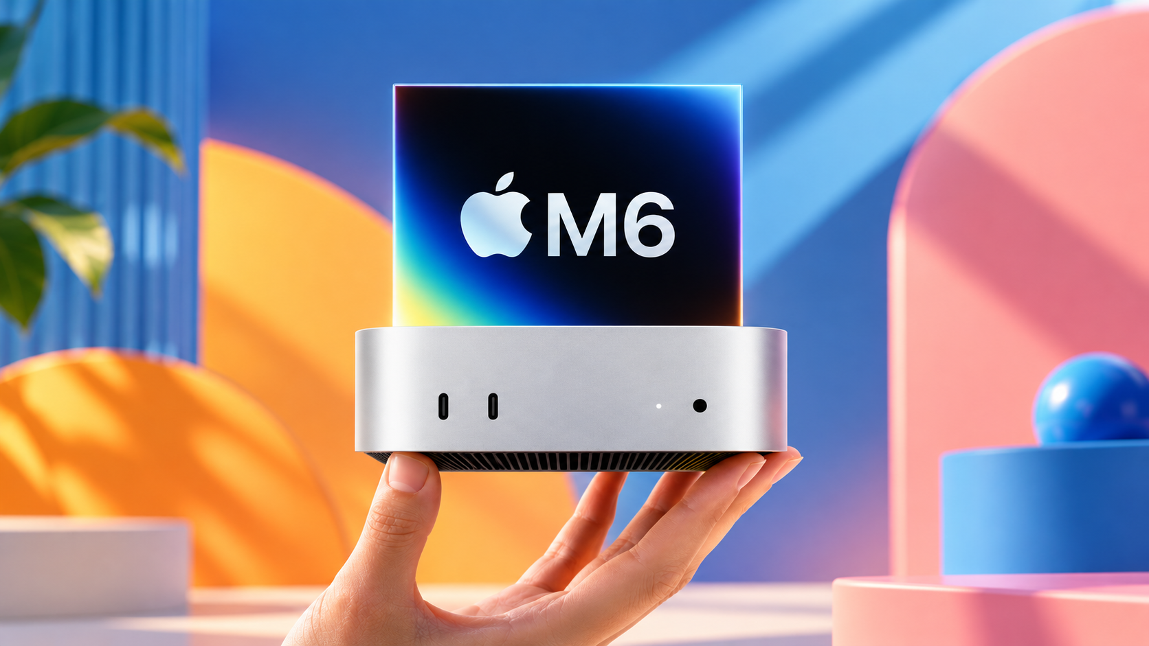 Composizione illustrativa del Mac mini con simbolo del chip M6