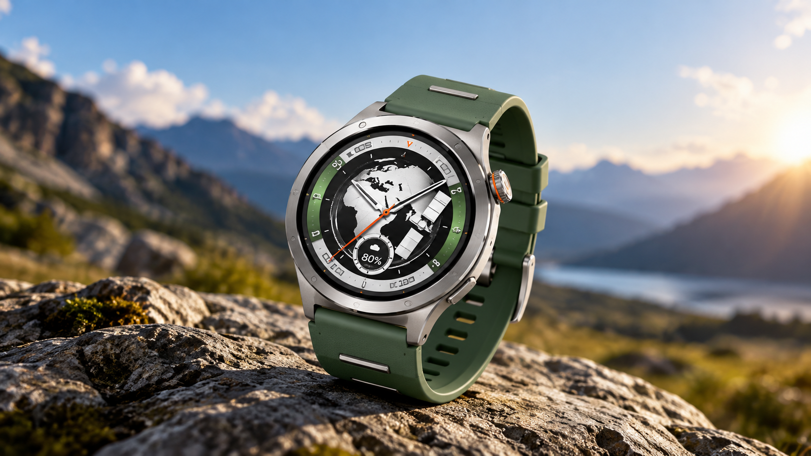 Illustrazione editoriale: OnePlus Watch 4 verde su una roccia in un paesaggio montano