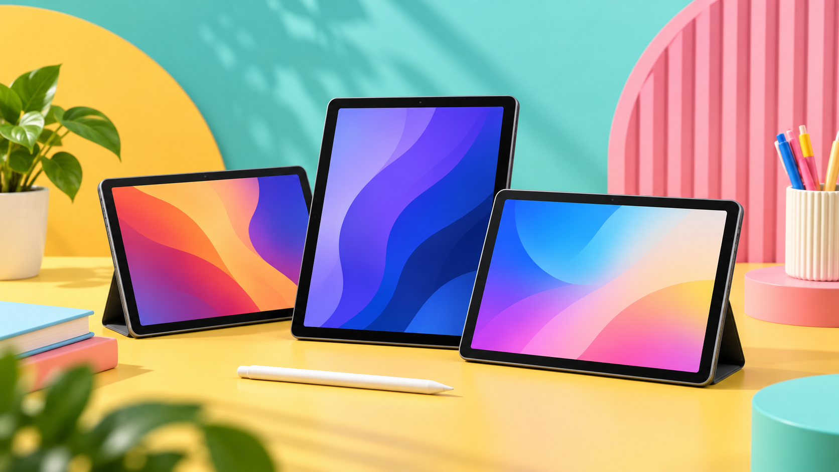 Tablet su una scrivania colorata con libri e accessori per lo studio