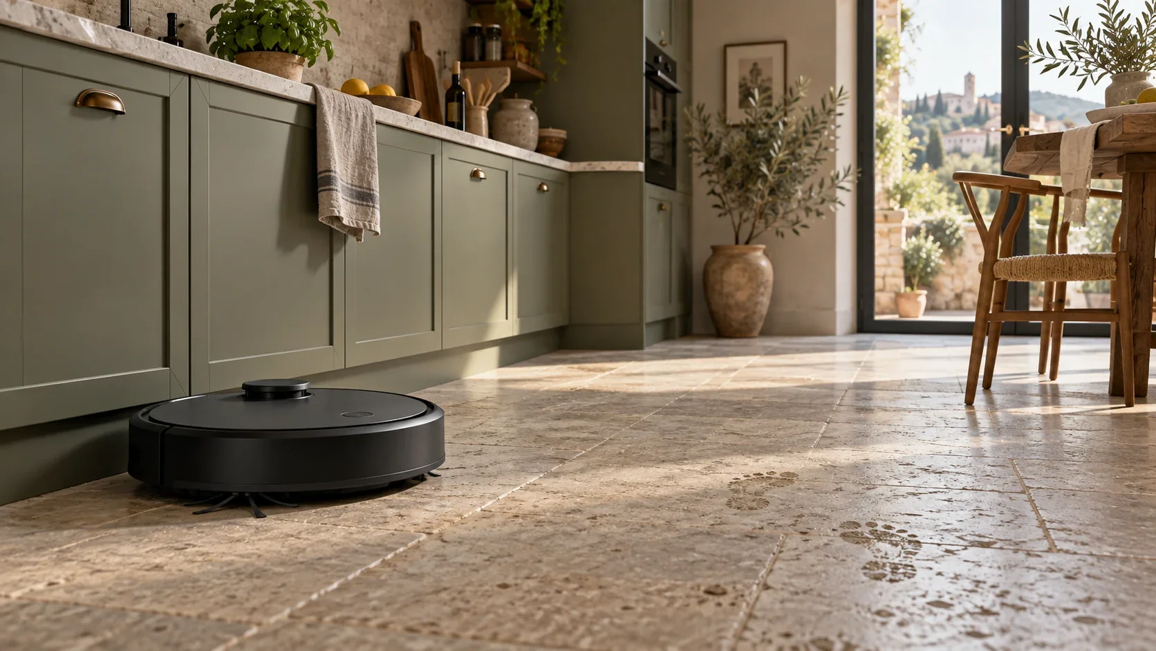 Robot lavapavimenti generico su un pavimento in pietra, davanti a una cucina salvia.