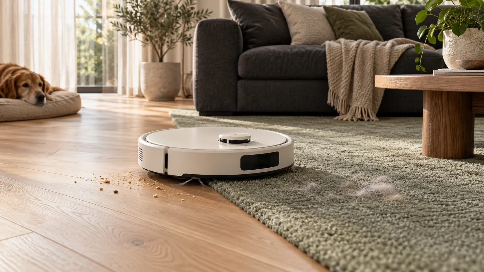 Robot aspirapolvere generico fra pavimento in legno e tappeto, con briciole e peli nelle vicinanze.