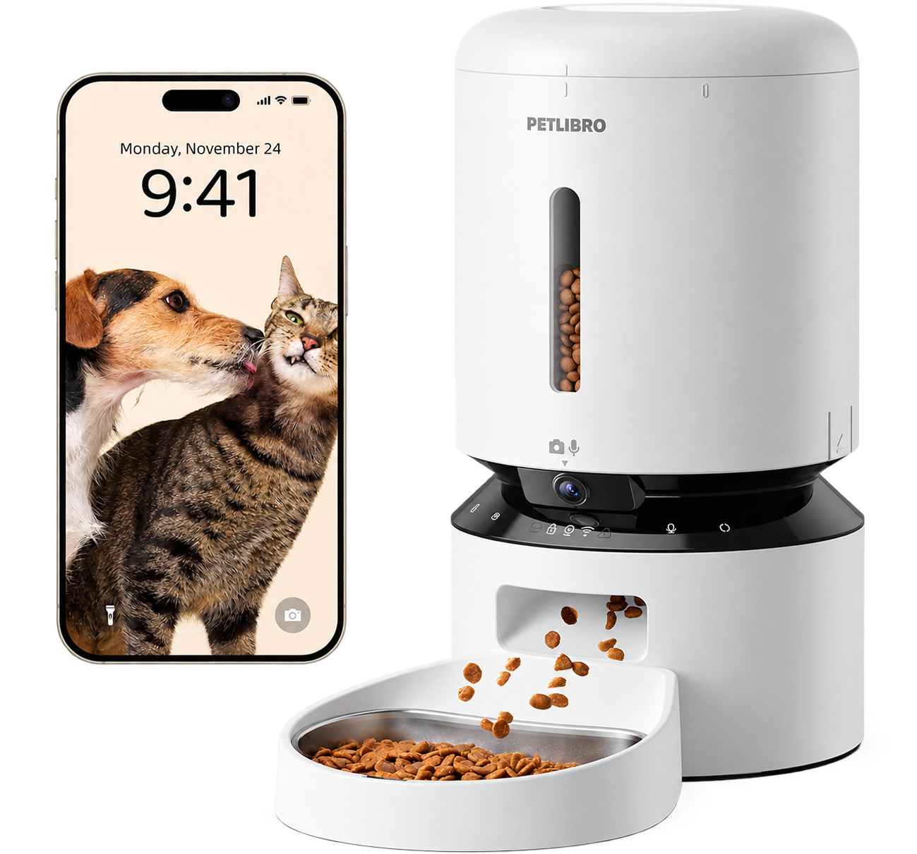 PETLIBRO Granary con videocamera, ciotola singola e smartphone illustrativo