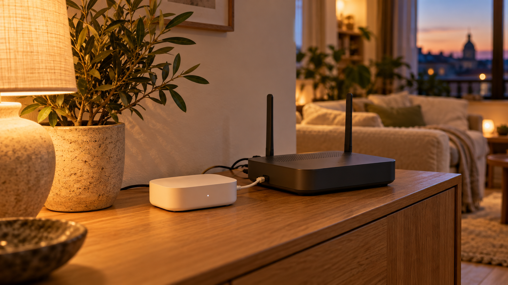 Hub e router in un angolo di casa, illustrazione