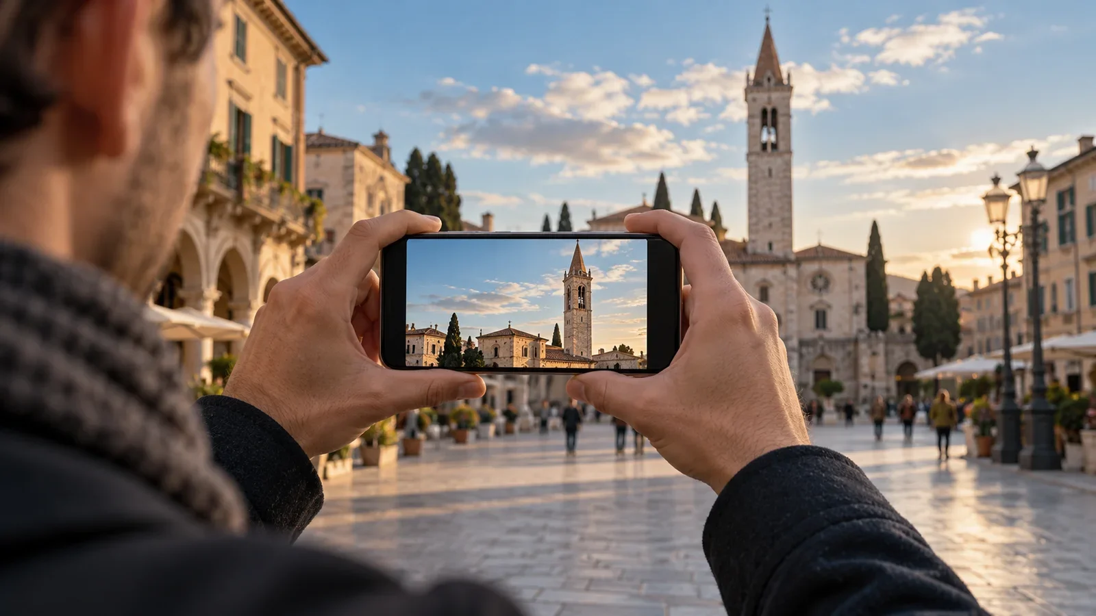 Persona che inquadra un campanile con uno smartphone tenuto in orizzontale in una piazza italiana
