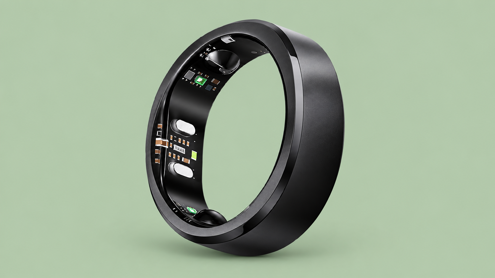 RingConn Gen 3 nero su sfondo verde; il link apre la variante argento spazzolato