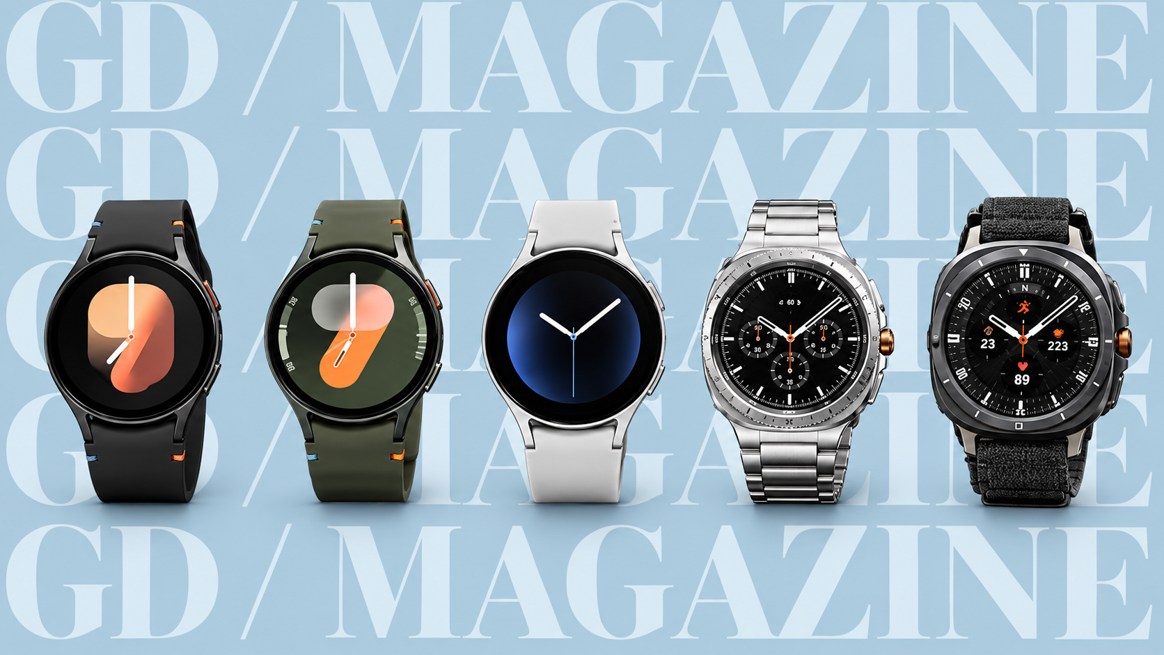 Composizione di Samsung Galaxy Watch su sfondo azzurro con marchio GD Magazine