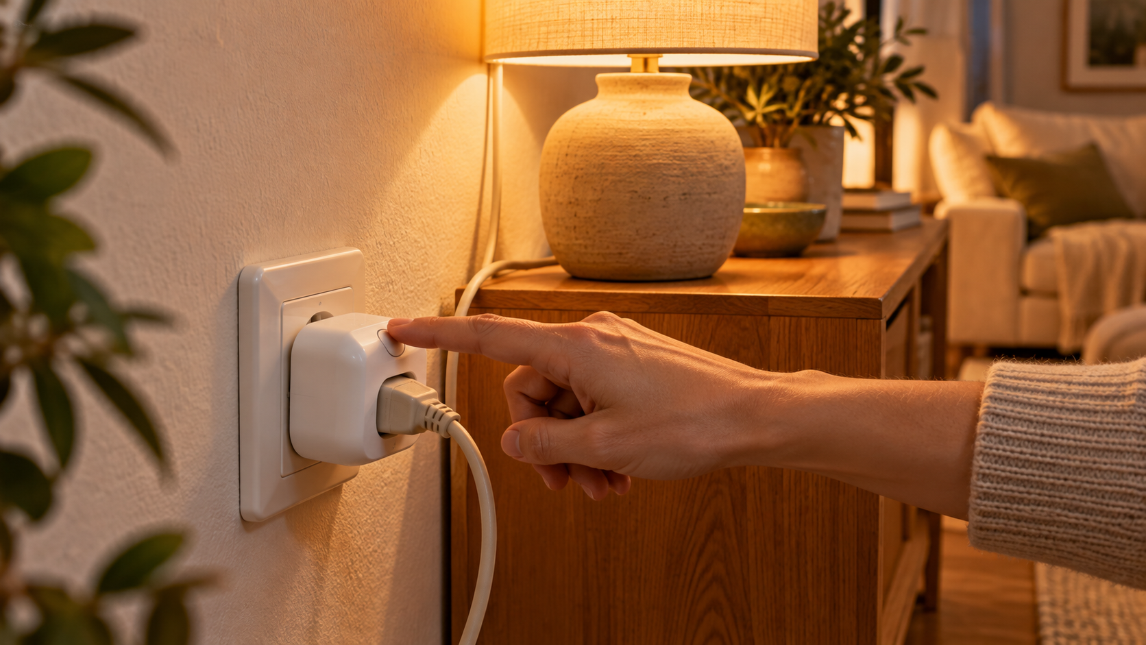 Una mano usa il pulsante di una presa smart accanto alla lampada, illustrazione