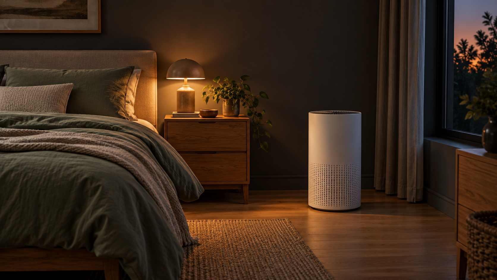Purificatore generico in una camera da letto illuminata da una lampada al crepuscolo