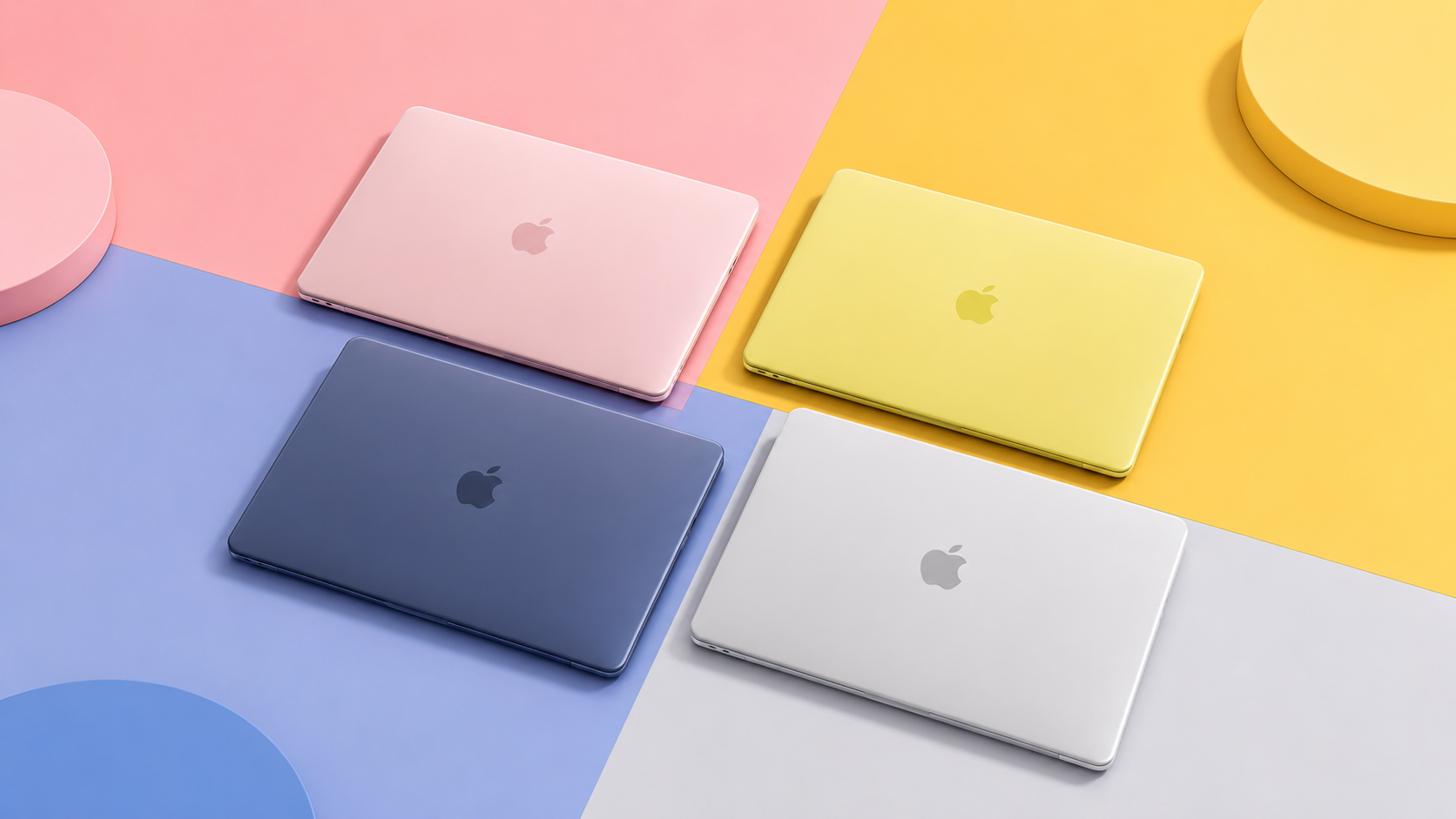 MacBook Neo chiusi nei diversi colori su superfici pastello