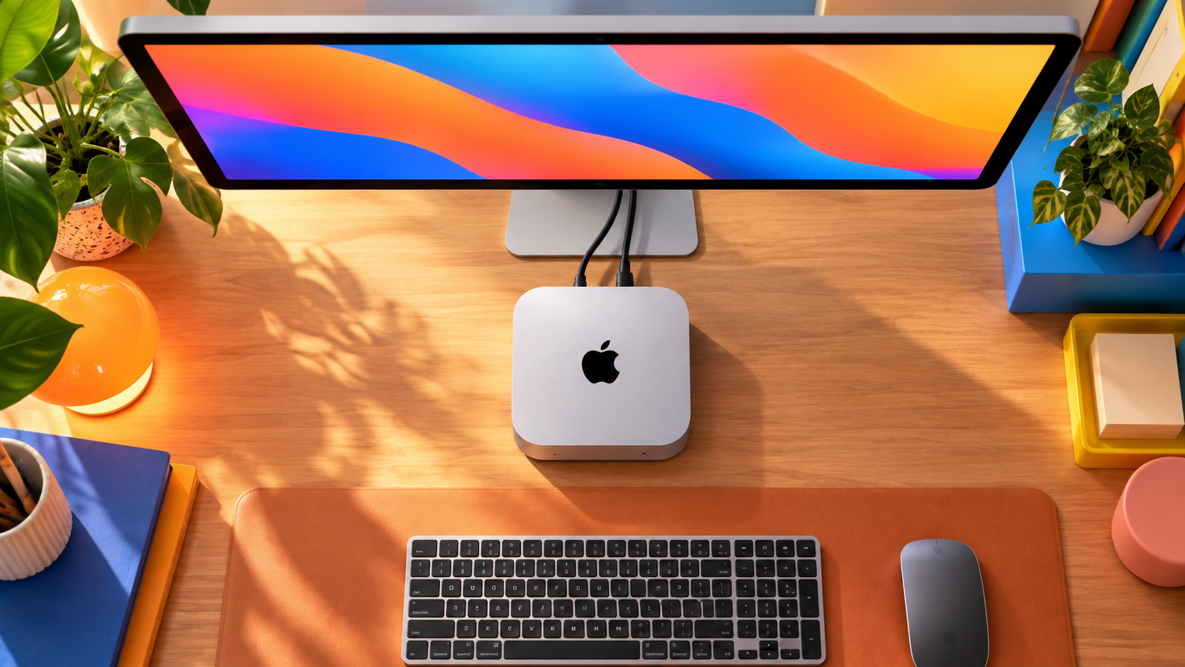 Postazione con Mac mini M6, monitor e tastiera su una scrivania in legno