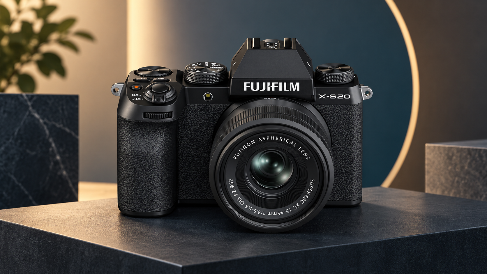 Fujifilm X-S20 con zoom XC 15–45 mm su un piedistallo