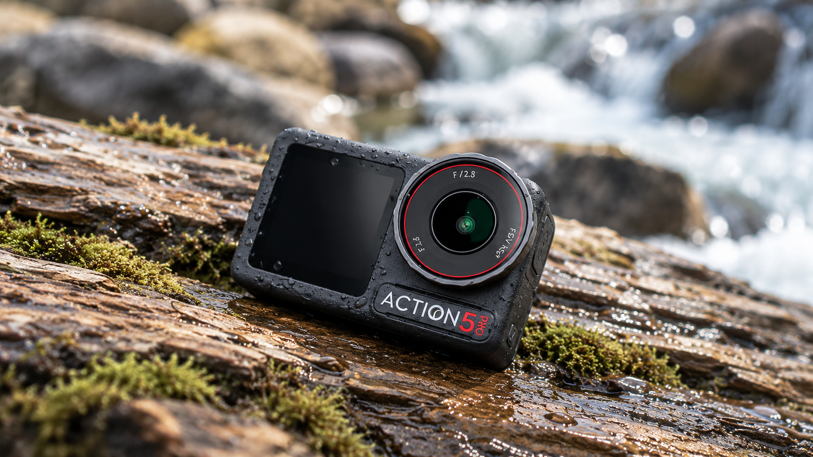 DJI Osmo Action 5 Pro appoggiata su un tronco vicino a un torrente