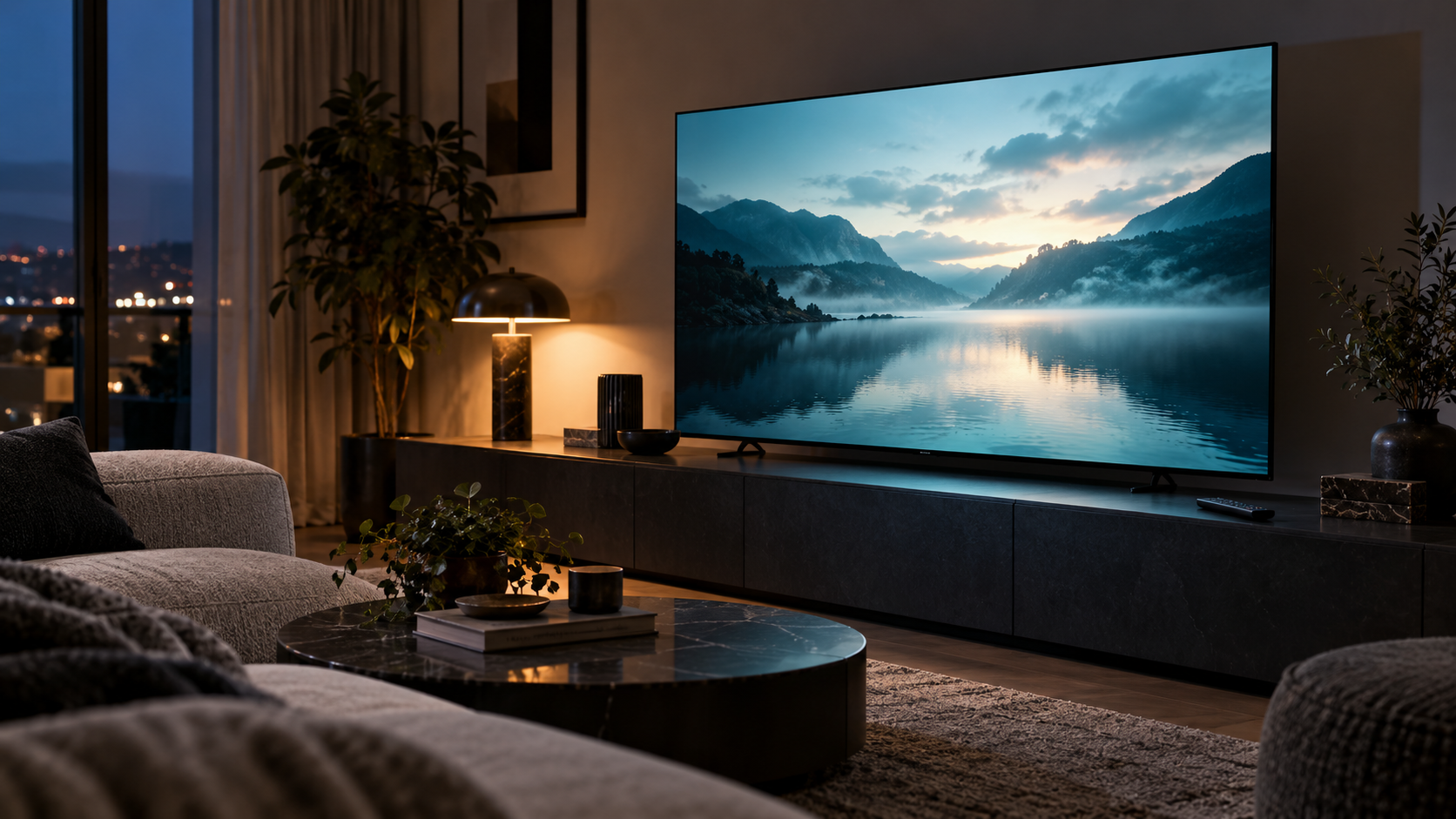 Televisore senza marchi con un paesaggio sullo schermo in un soggiorno illuminato da una lampada