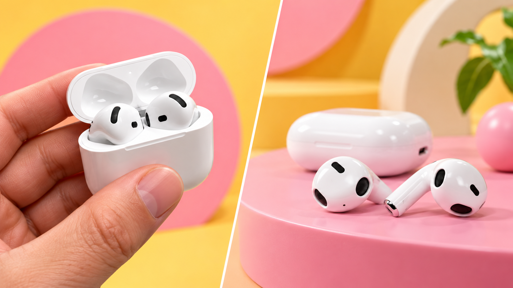 AirPods 5 e custodia aperta in una composizione su sfondo rosa e giallo