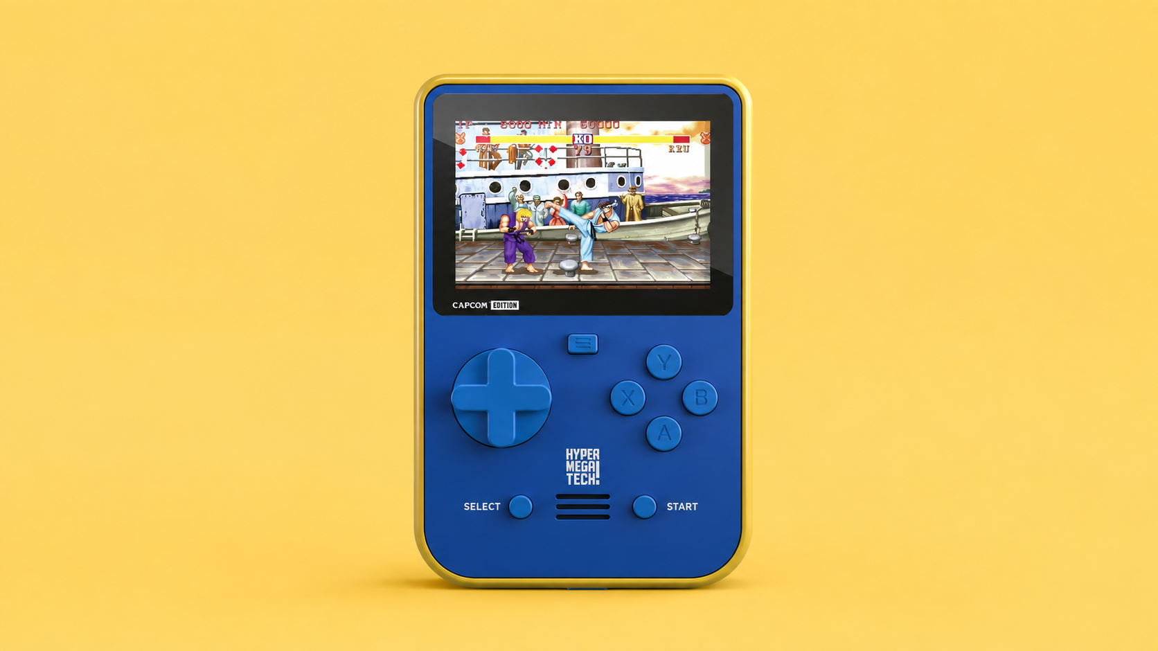 HyperMegaTech Super Pocket Capcom Edition su sfondo editoriale