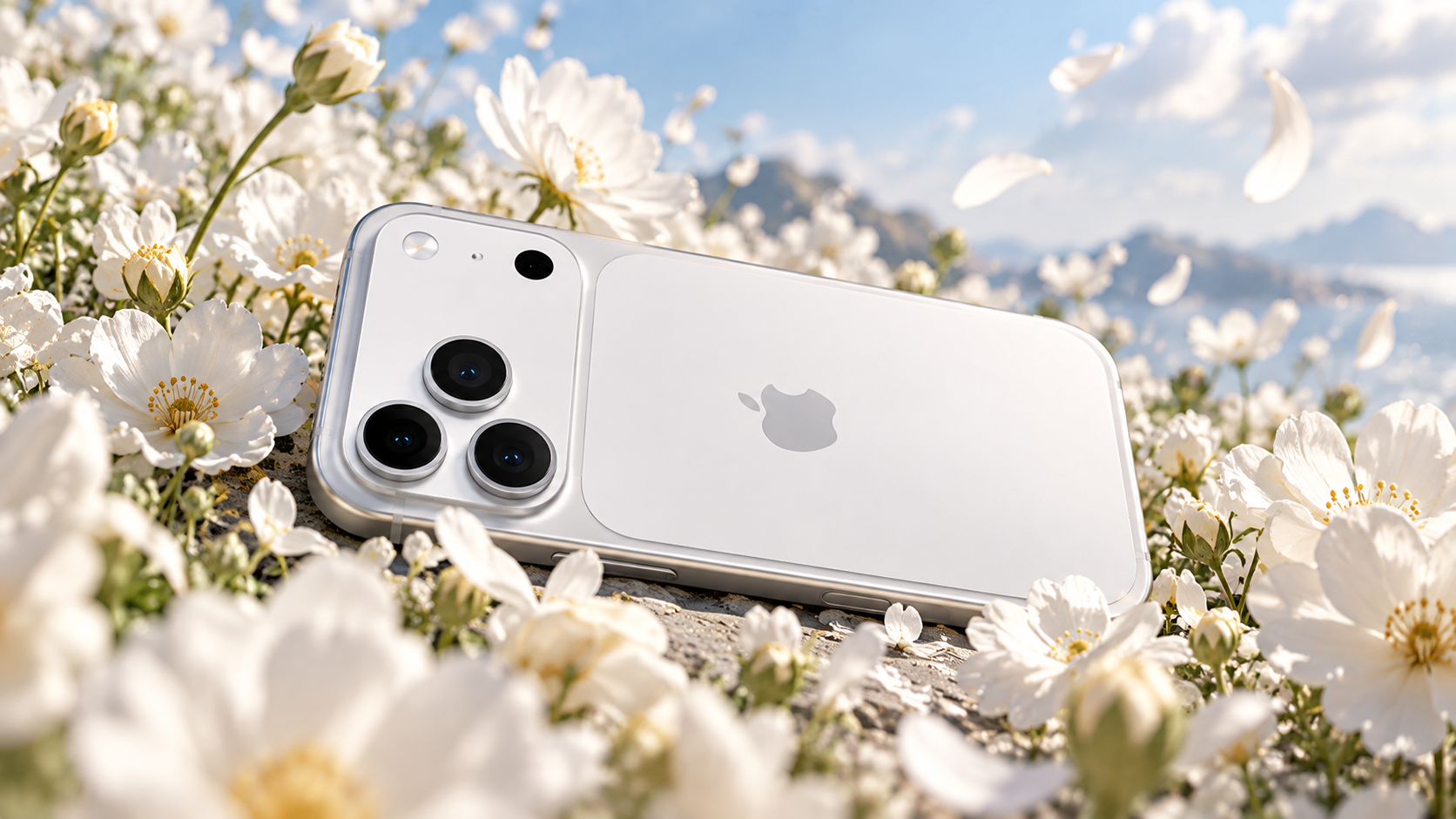 Composizione editoriale di iPhone 17 Pro Max chiaro tra i fiori