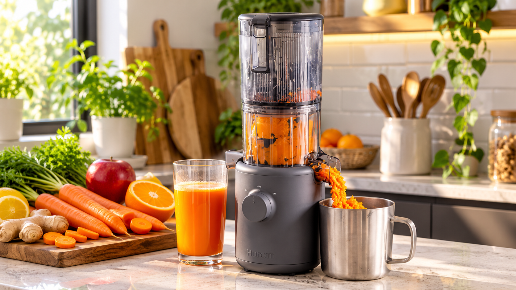 Hurom H310A Charcoal ambientato in cucina con carote, agrumi e succo arancione