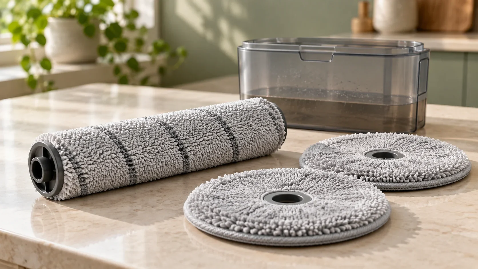 Un rullo in microfibra, due moci circolari e un contenitore dell’acqua appoggiati su un piano.
