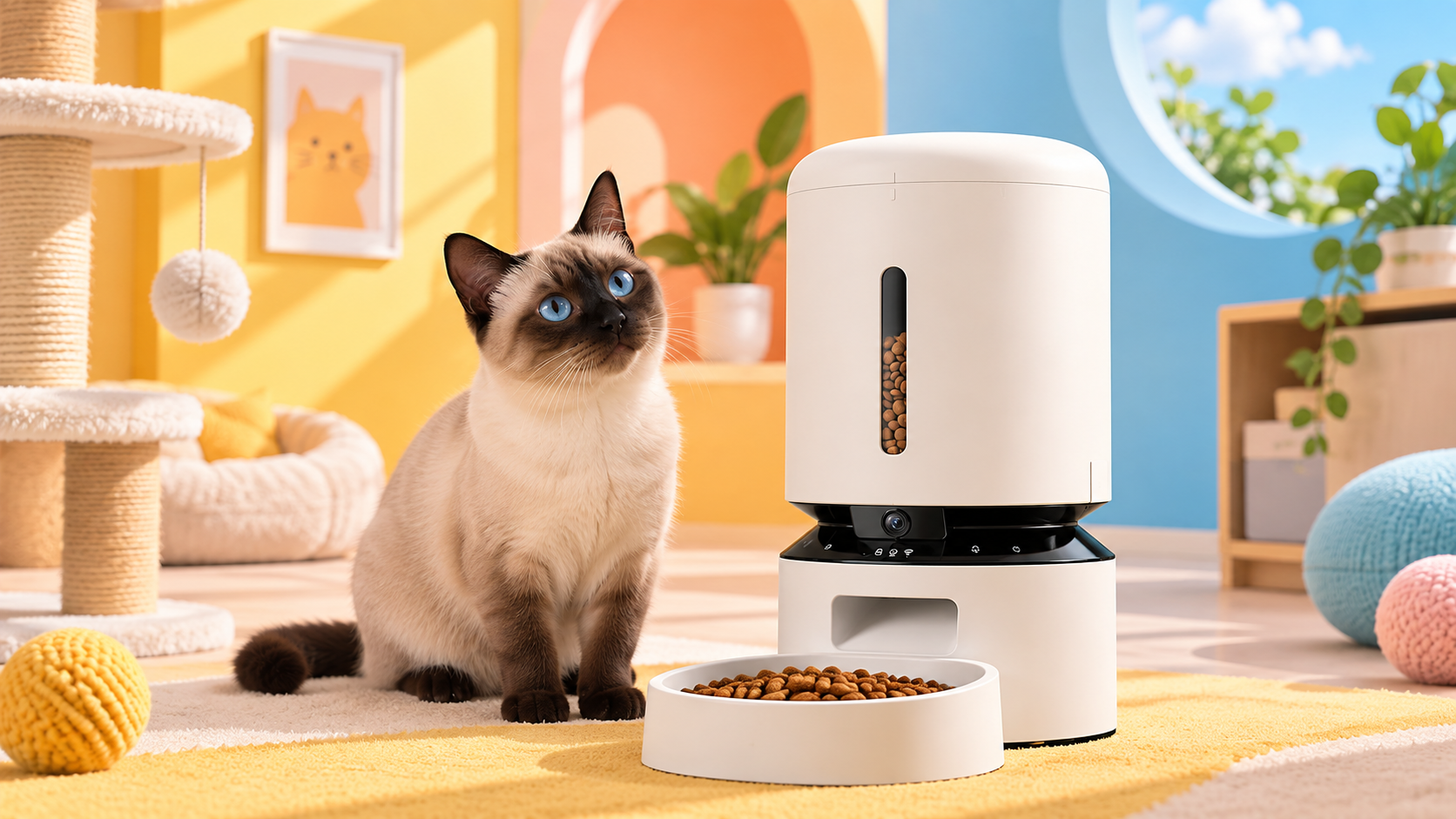 PETLIBRO Granary bianco con un gatto Siamese in una scena domestica illustrativa