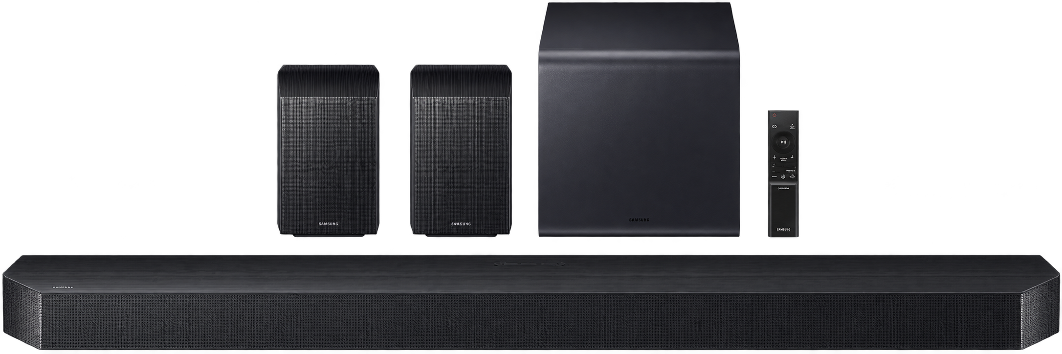 Samsung HW-Q990H: illustrazione del kit con soundbar, subwoofer e due diffusori posteriori