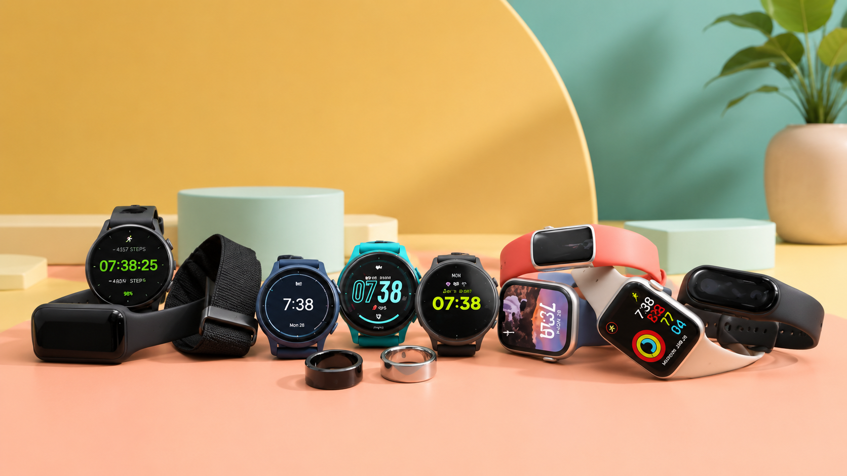 Cinque smart band e fitness tracker su sfondo editoriale