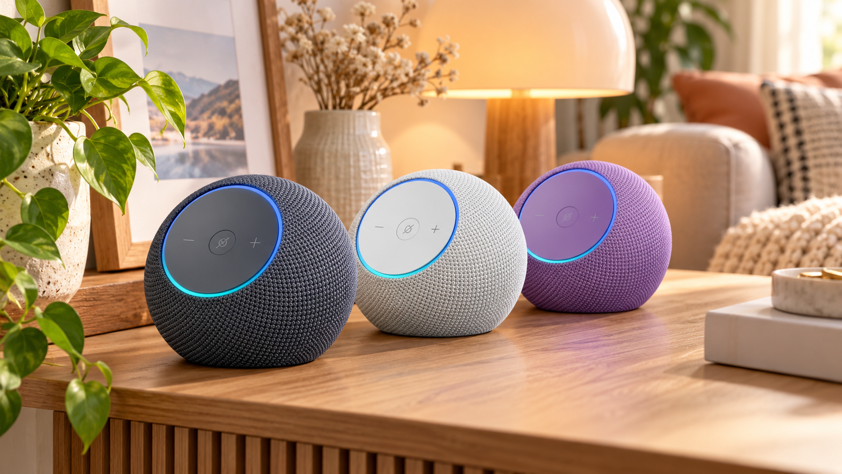 Amazon Echo Dot Max in tre colori su un tavolino in soggiorno
