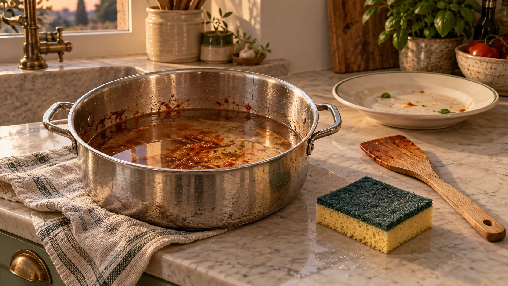 Illustrazione editoriale di una pentola in acciaio con residui di sugo lasciata in ammollo sul piano cucina