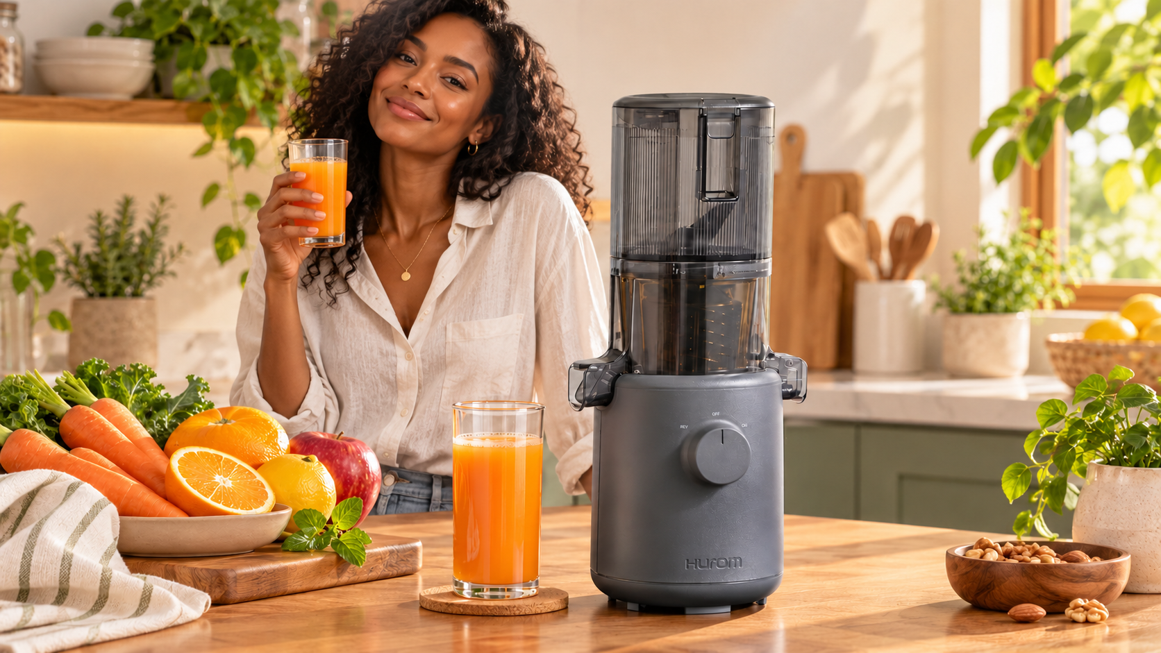 Hurom H310A Charcoal sul piano di cucina accanto a una persona con un bicchiere di succo