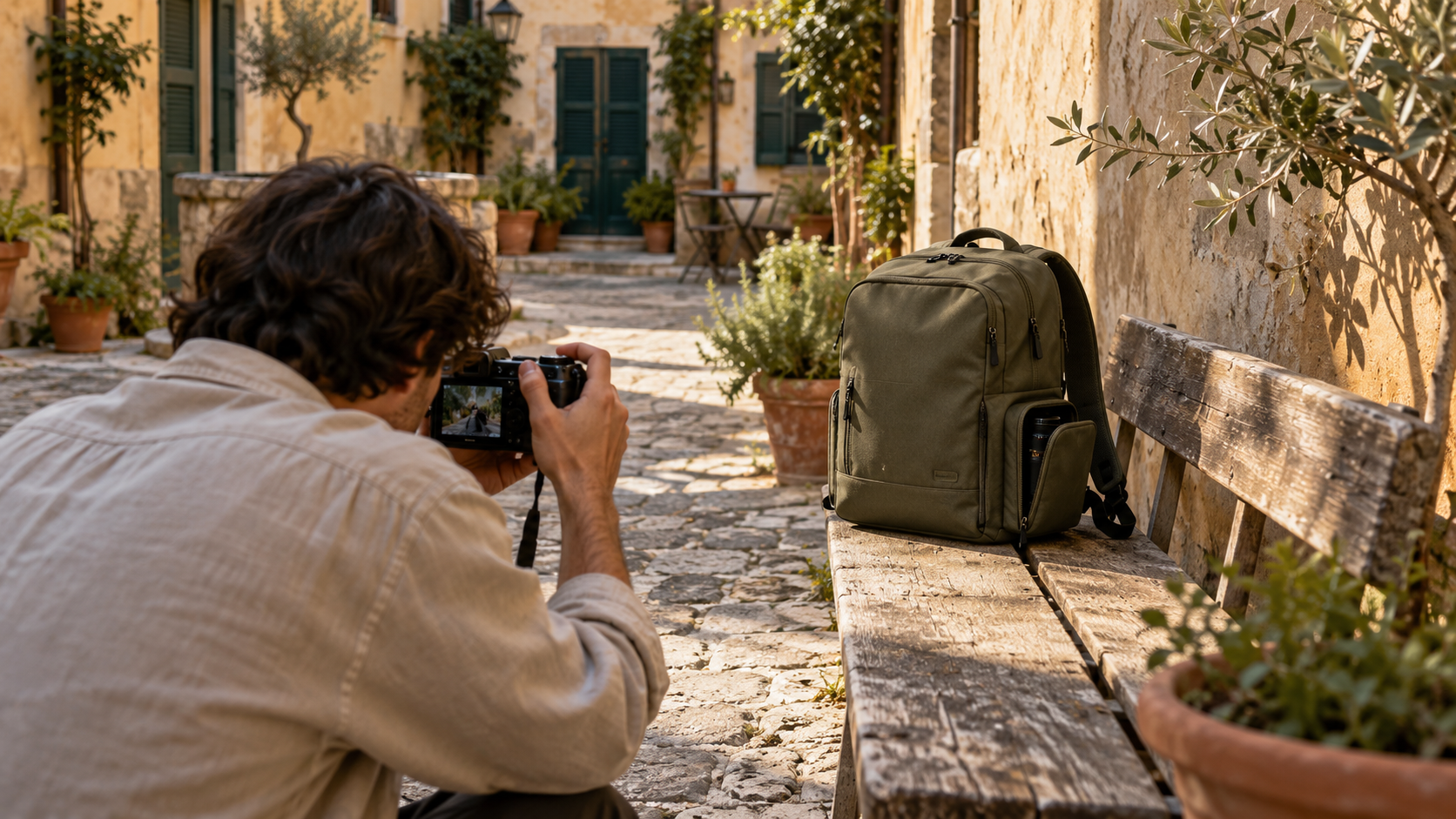 Un creator di spalle fotografa uno zaino su una panchina in un cortile urbano